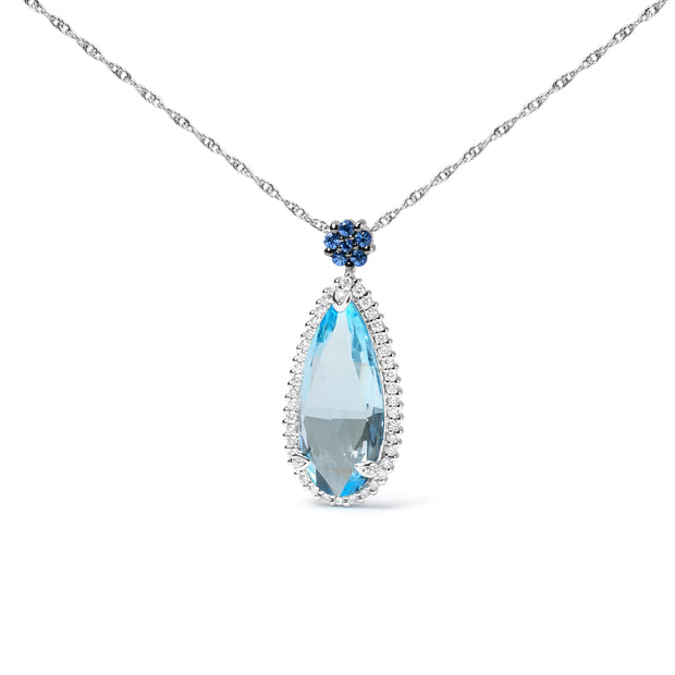 18K White Gold 3/8 Cttw Pave Set Diamond and Sky Blue Topaz and Blue Sapphire Gemstone Floral Teardrop Halo 18" Pendant Necklace (G-H Color, SI2-I1 Clarity)