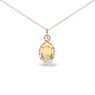 18K Rose Gold 1/5 Cttw Diamond and Oval Yellow Citrine and Round Orange Sapphire Gemstone Openwork Halo Teardrop with Flower Design 18" Pendant Necklace (G-H Color, SI1-SI2 Clarity)