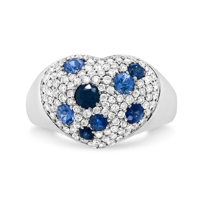 18K White Gold Blue Sapphire and 5/8 Cttw Diamond Cluster Heart Shaped  Ring (F-G Color, VS1-VS2 Clarity) - Size 7.5