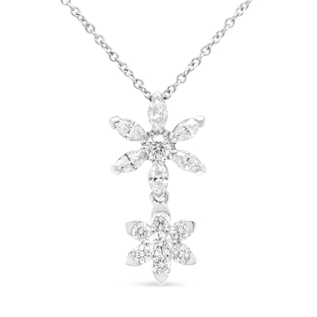 18K White Gold 3/4 Cttw Round and Marquise Diamond Double Flower 18" Pendant Necklace (F-G Color, VS2-SI1 Clarity)