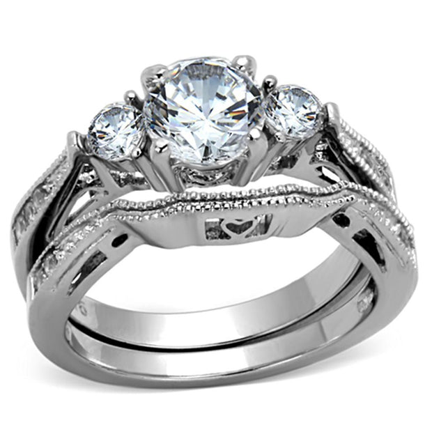 TK1W002 - High polished (no plating) Stainless Steel Ring with AAA Grade CZ  in Clear